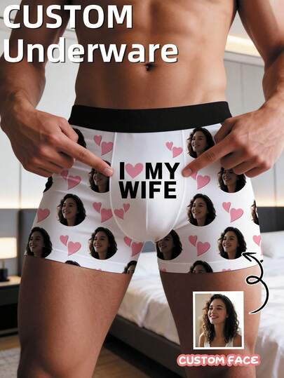 1 Stück personalisierte Foto-Herrenslips, Muster mit "Ich ❤️ meine Frau" Text und rosa Herzenmuster, weiß, aus bequemem atmungsaktivem Stoff, personalisierte romantische Stil Boxershorts, geeignet für Jahrestag, Valentinstag oder als süßes Geschenk für den Ehemann