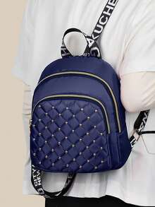 Back To School Season Rhombus Pattern Embroidered Rivet Backpack - New Women's Fashion Travel Bag - Casual Large Capacity Women's Backpack [Random Back Zipper Direction] - Blue - View 8