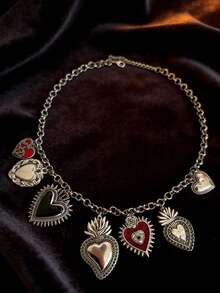 1件哥特式圆形链条火焰心形吊坠项链，邪眼饰品，黑红配色，万圣节珠宝礼物，情人节礼物 - 愛心 - 查看 2