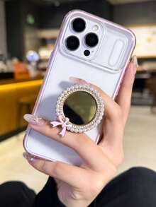 INS风闪亮水钻仿珍珠蝴蝶结化妆镜手机壳，兼容苹果17、17 Pro、17 Pro Max、16 Pro Max、16 Pro、16、11、12、13、14、15、12 Pro Max、13 Pro Max、14 Pro Max、15 Pro Max - 彩色 - 查看 1