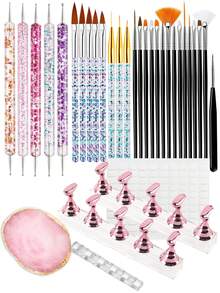 Bộ dụng cụ làm móng 33 món, gồm 23 cọ vẽ móng, 5 dụng cụ chấm móng, 2 bộ giá đỡ móng, 100 miếng dán hai mặt, bảng pha màu, hộp đựng cọ cho việc tự làm móng nghệ thuật. - Nhiều màu - Xem 12