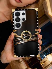 Ốp điện thoại kiểu cổ điển, màu đen, họa tiết đan chéo, hình chữ nhật, chống sốc, tương thích với các dòng Galaxy S26 Ultra/S26/S26 Plus/S25FE/S25Ultra/S25+/S25/S24 Plus/S24/S24U/S23 Ultra/S22ULTRA/A56 5G/A36/A17/A16 và 17proamx/17/16 Promax/16/15PRO Max/15/14 Plus/15plus/14 Pro Max/13promax. [Phiên bản quốc tế, không phải nội địa] - Màu đen + Giá đỡ nhẫn - Xem 2