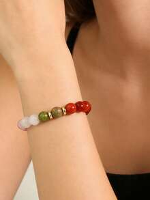 YAUKIA 1Pc Natural Crystal Bracelet, Floral Green, White Crystal, Pink Crystal, Red Glass Red Stone, Emotional Balance, Suitable For Both Men And Women, Stretch Jewelry, Ideal For Daily Wear - Multicolor - View 5