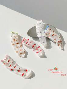 5双/1双可爱甜美荷叶边真丝长筒袜，春夏轻盈水晶长筒袜，防滑中筒袜，适合5-16岁女孩 - 彩色 - 查看 4