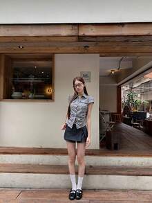 Áo sơ mi nữ mùa hè mới về, kiểu dáng vai thường, kẻ caro, áo kiểu Hàn Quốc ôm dáng. - Màu xanh lam - Xem 8