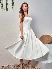 Elegant White Mid-Length Spaghetti Strap Ruffle Back Sleeveless Dress, Casual Bohemian Style For Summer - White - View 3