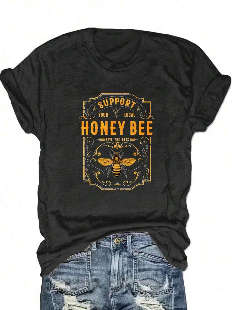 "Support Local Beekeepers" Vintage Bee & Hive Print Tee | Soft Blended Crewneck For Nature Lovers, Casual Summer & Beekeeping Events | Comfy, Machine Washable - Black - View 1