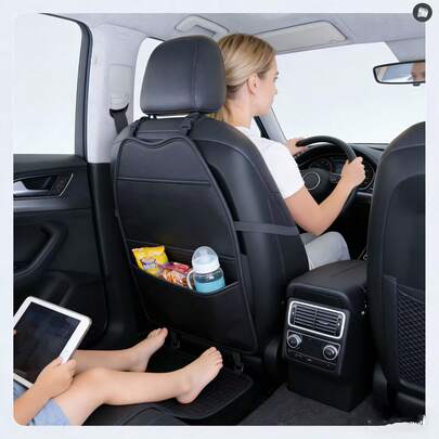 汽车座椅保护套，带口袋的汽车座椅防踢垫，汽车座椅靠背储物袋，高档PU皮革材质 - 易于清洁，车载挂袋，手机/文件收纳袋，防踢垫，汽车内饰装饰配件
