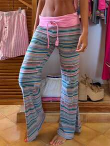 Women Lounge Pants Retro Fold Over Low Rise 2000s Colourful Stripe Stretch Flared Yoga Legging Bottoms Sweatpants - 粉色 - 查看 12