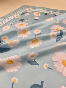 1 chiếc khăn vuông thanh lịch dành cho nữ, chất liệu giống lụa, in họa tiết hoa cúc, phụ kiện khăn quàng cổ bằng satin. - Màu xanh bạc hà - Xem 5