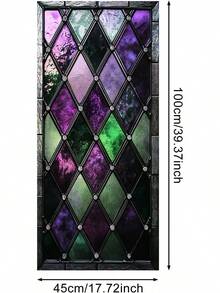 IVN Privacy Window Film Stained Glass Window Cling Purple And Green Design Decorative Static Cling Window Sticker Bathroom Entry Door 17.X 39.3 Inch - Berlian Ungu dan Hijau - View 3