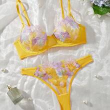 Colorful Floral Bra Set, Ultra-Thin, Non-Padded, Push-Up, Three-Point Hollow Women's Underwear Two-Piece Embroidered Set, Lingerie - Yellow - View 1