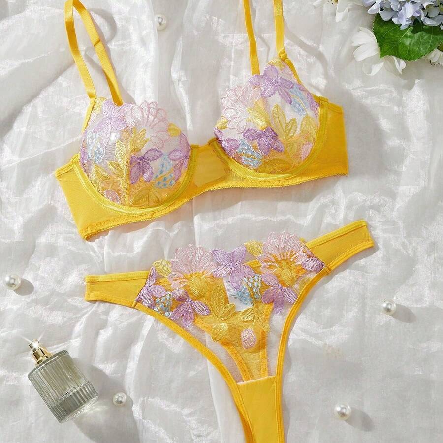 Colorful Floral Bra Set, Ultra-Thin, Non-Padded, Push-Up, Three-Point Hollow Women's Underwear Two-Piece Embroidered Set, Lingerie - Yellow - View 1