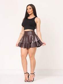 Luxury Double-Layer Ruffled Short Skirt In Cirre Fabric, High Waist, For Parties/Clubs - Óxido marrón - Ver 3