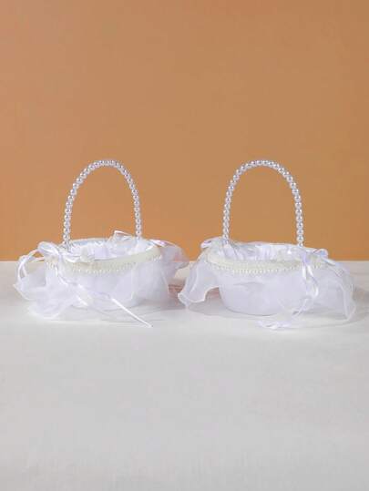 花童花篮，珍珠手柄，优雅蕾丝装饰，适用于婚礼、婴儿洗礼、糖果礼篮、婚礼、派对、节日装饰