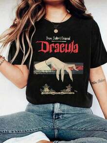 Plus Size T-Shirt For Halloween, Plus Size Graphic Streetwear T-Shirt, Casual Summer Top, Holiday Vibes - 黑色 - 查看 4