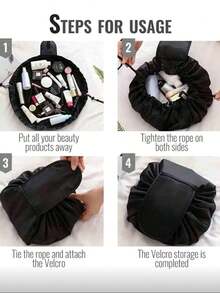 1pc Portable Travel Drawstring Cosmetic Bag, Black Makeup Organizer Pouch ,Makeup Bag - Black - View 6