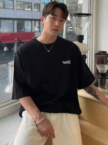 Camiseta De Verano Para Hombre Con Letras Impresas - Negro - Ver 4