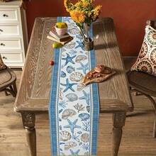1pc Blue & White Vintage Starfish Shell Table Runner, Coastal Vacation Style Geometric Striped Shell Design, Faux Linen Woven Texture Stiff Fabric Rectangular Tablecloth For Dining Table And Cabinet, Indoor & Outdoor Decor, Suitable For All Seasons, Daily, Wedding, Holiday Home Decor, Restaurant, Living Room, Dining Table And Cabinet Decoration - Blue and White - View 4
