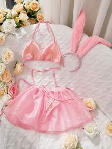 Conjunto de lencería de coneja rosa/Incluye tocado/Conjunto de 3 piezas - Rosa - Ver 2