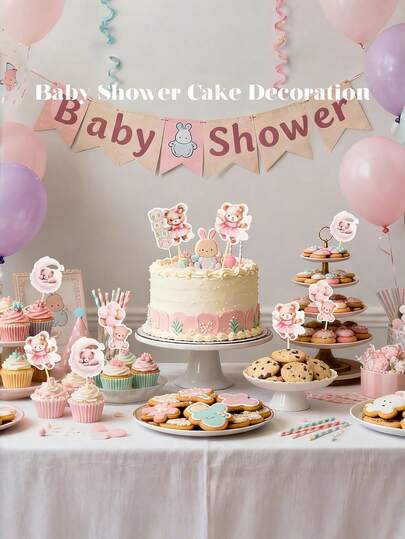 Party Bear Cupcake Decorator - Moon And Jungle Animal Theme Cake Decor, Suitable For Birthdays, Gender Reveal Parties, Party Cake Decorations, Pastel Party Decorations, Teddy Bear Themed Birthday Party Pastries Desserts Decor, Pink & Blue Balloon Bear Cupcake Toppers