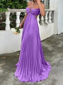Summer Solid Purple Strapless Ruched Backless Dress | Bohemian Elegant Sexy, Suitable For Date Night, Party And Valentine's Day Wedding Spring - Purple - View 5