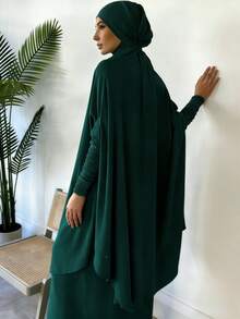 两件套穆斯林女性祈祷服套装，长袖宽松长袍，祈祷头巾，适合节日穿着 - 彩色 - 查看 17