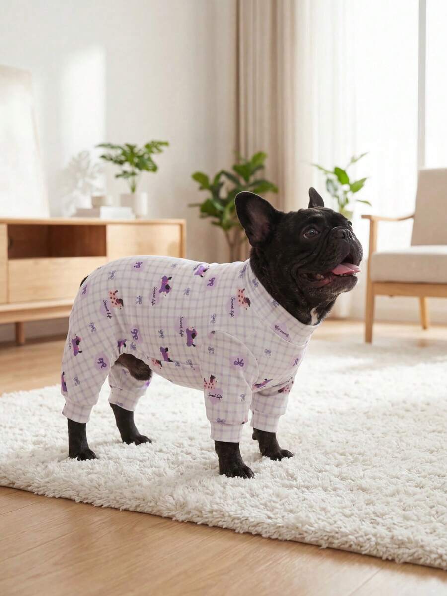 狗狗夏季防掉毛睡衣 - 透气高弹全包覆宠物连体衣，夏季防舔舐防虫连体衣，适合中大型犬，全身印花狗狗服装 - 可爱的蓝白条纹兔子和樱桃图案 - 彩色 - 查看 1