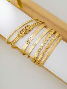 7pcs European And American Style Bracelet Set, Including Hammered, Arrow, Floral, Exaggerated Hexagon Designs, Rotatable And Openable Bracelet Jewelry Gift - Yellow Gold - View 2