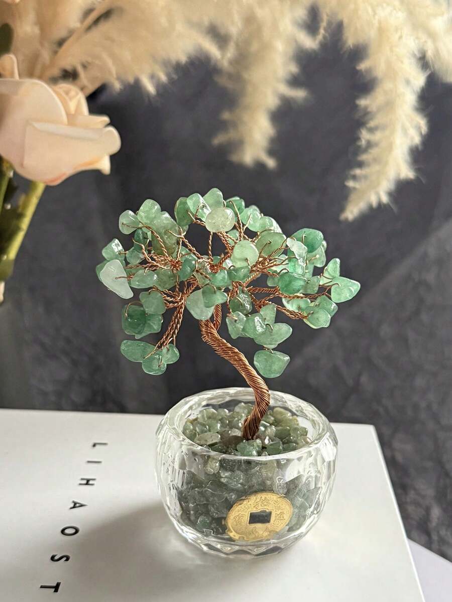 1pc Natural Crystal And Healing Stone Made Green Money Tree Decor, Home Office Decoration, Feng Shui Ornament - Green - View 1