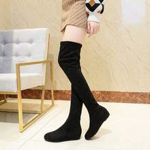Botas altas femeninas de gamuza sintética con suela plana y diseño sencillo. Ajuste ergonómico elástico, suaves y transpirables, estilo elegante versátil para diario y eventos. - Negro - Ver 5