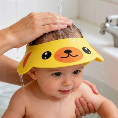 可调节卡通防水浴帽，婴儿洗发浴帽，便携式浴帽，遮阳帽，可爱青蛙和小猪图案 - 高品质护耳设计，多种颜色可选（绿色、粉色、黄色） - 必备浴帽，浴室配件，趣味设计，舒适贴合