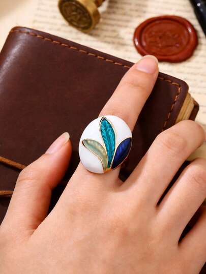 1 pieza Anillo de hoja esmaltada en degradado, silueta ovalada con filtro retro, adecuado para atuendos de uso diario y vacaciones