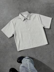 WAIT HIM Men's Casual Loose Striped Short Sleeve Shirt, Spring To Summer - White - View 3