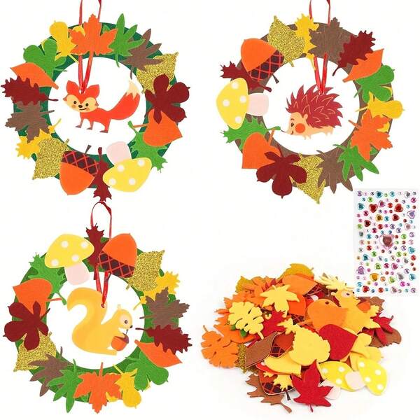 부직포 고슴도치 화환, 가을 추수감사절 장식 창의적인 재료 키트, 부직포 동물 퍼즐