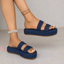 少女时尚简约新款水钻亮片平底舒适沙滩凉鞋，软底轻便夏季百搭拖鞋 - 藍色 - 查看 2