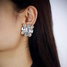 1对银色方形水晶水钻夹式耳环 - 金色 - 查看 2