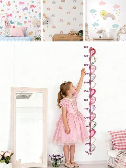 BRUP 1/3/5张儿童公主爱心彩虹身高墙贴，可移除儿童卧室身高测量图，彩色卡通身高测量贴纸，适用于婴儿房、游戏室装饰
