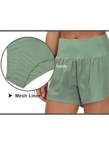 Womens High Waisted Running Shorts Quick Dry Athletic Workout Shorts With Mesh Liner Zipper Pockets - 軍綠色 - 查看 5
