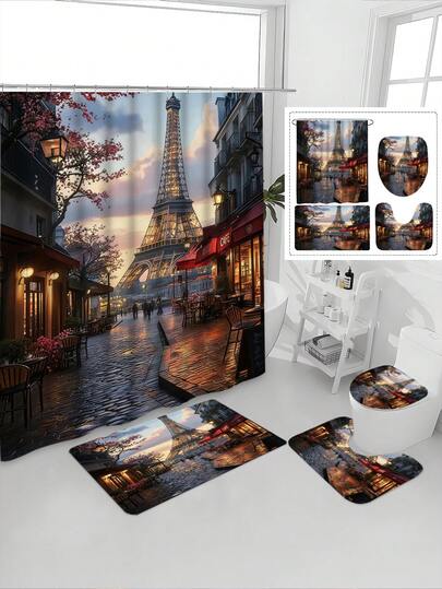 1/4 件装巴黎埃菲尔铁塔布艺海报墙饰，饰有金色天空和法国街景印花，防水浴室窗帘套装，宁静舒缓，防水防霉，加厚涤纶面料，免打孔安装，防滑垫，吸水马桶垫，数码印花，不易褪色，可机洗，四季皆宜，节日限量版