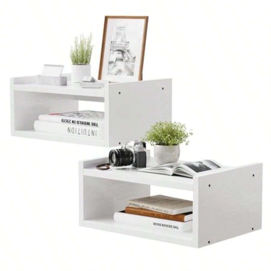 VELI Juego de 2 Buró Flotante Minimalista para Recámara Mesa de Noche Moderna con Almacenamiento Abierto y Estructura Estable Repisas de Pared para Proyector para Sala Color Blanco - Blanco - Ver 1