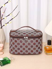 DAONIAO 1个格子图案化妆包，大容量可折叠化妆品收纳包，居家旅行伴侣 - 棕色 - 查看 4