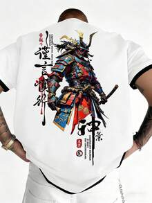 男士武士图案印花圆领短袖休闲T恤 - 白色 - 查看 1