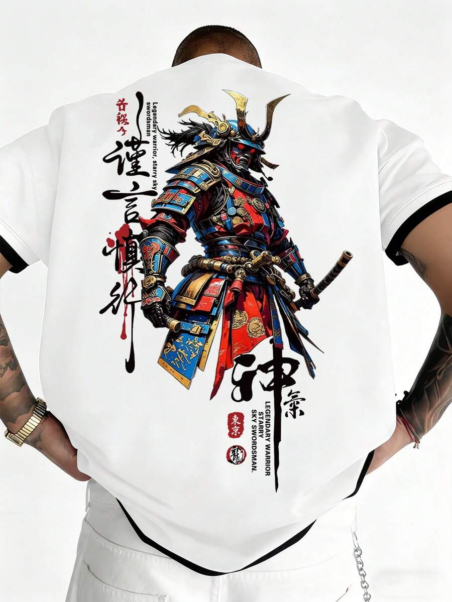 男士武士图案印花圆领短袖休闲T恤 - 白色 - 查看 1