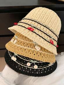 3D樱桃手工钩编渔夫帽，镂空透气分檐遮阳帽，夏季女士款 - 多色 - 查看 3
