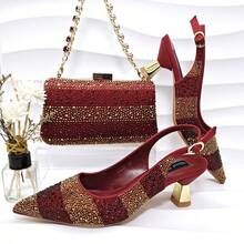 QueenaYan Women's Shoes And Bag Set, Premium High-Temperature Rhinestone Craftsmanship, Women's Pointed Toe High Heels, Colorblock Striped, Colorful Rhinestone Chain Handbag - Red - View 1
