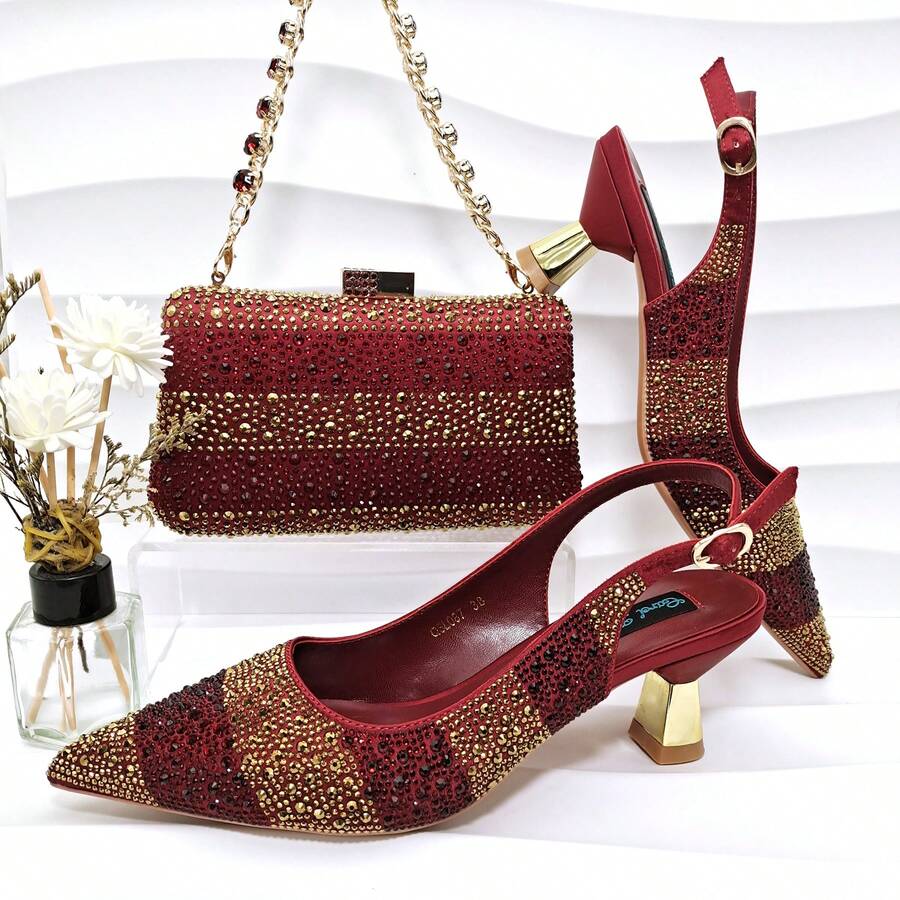 QueenaYan Women's Shoes And Bag Set, Premium High-Temperature Rhinestone Craftsmanship, Women's Pointed Toe High Heels, Colorblock Striped, Colorful Rhinestone Chain Handbag - Red - View 1
