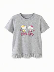 SANRIO Balabala 女童卡通印花荷叶边下摆休闲短袖上衣，夏季 - 灰色調 - 查看 1