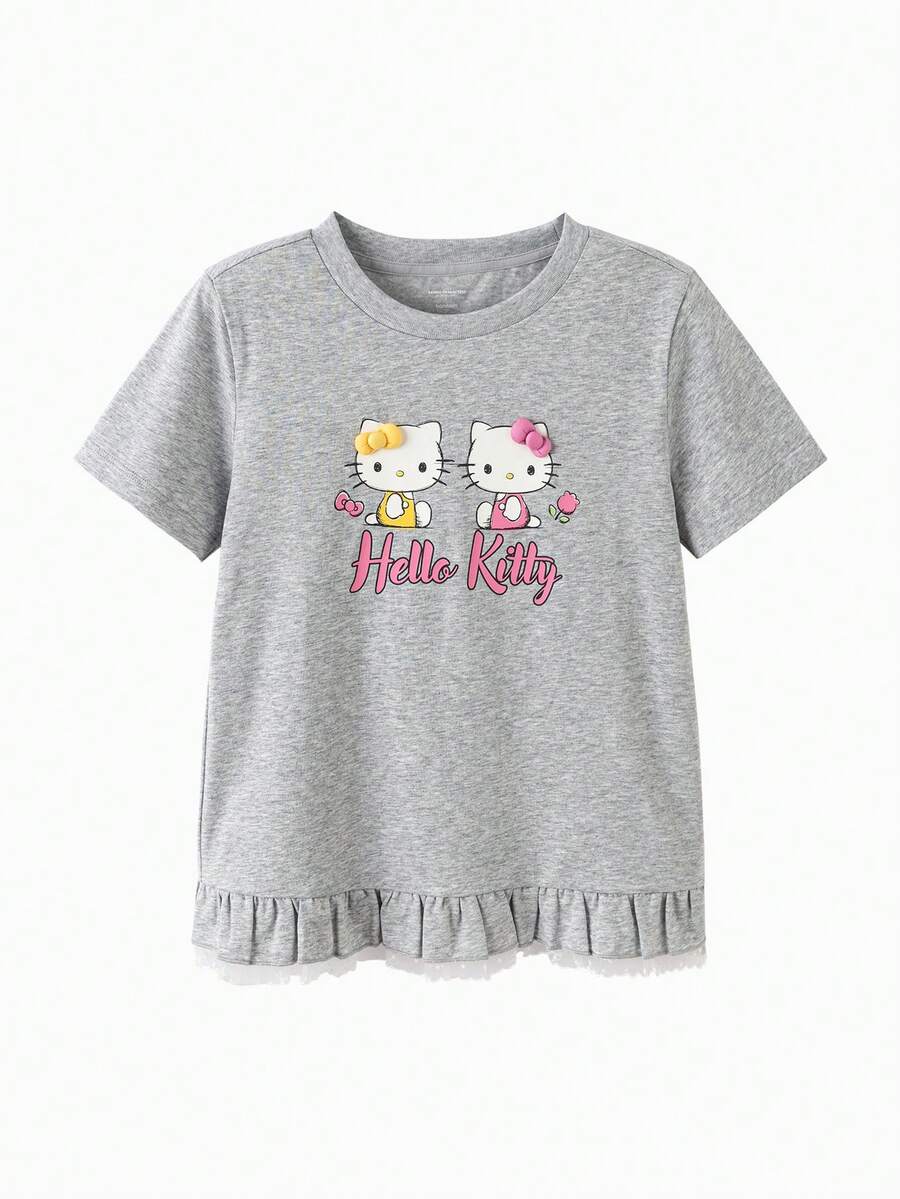 SANRIO Balabala 女童卡通印花荷叶边下摆休闲短袖上衣,夏季 - 灰色調 - 查看 1