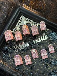 10片装手工全覆盖短方形亚克力美甲套装，西瓜粉美甲，西瓜粉法式美甲，手绘西瓜粉线条，3D粉色蝴蝶结、银色爱心、多颗珠光钻石及其他美甲配件，Y2K甜美少女风，亚克力美甲用品适合女性和女孩在主题派对、节日、日常、聚会和仪式中使用（包含：一片果冻胶和一条摩擦条）美甲用品 - 西瓜粉 - 查看 2